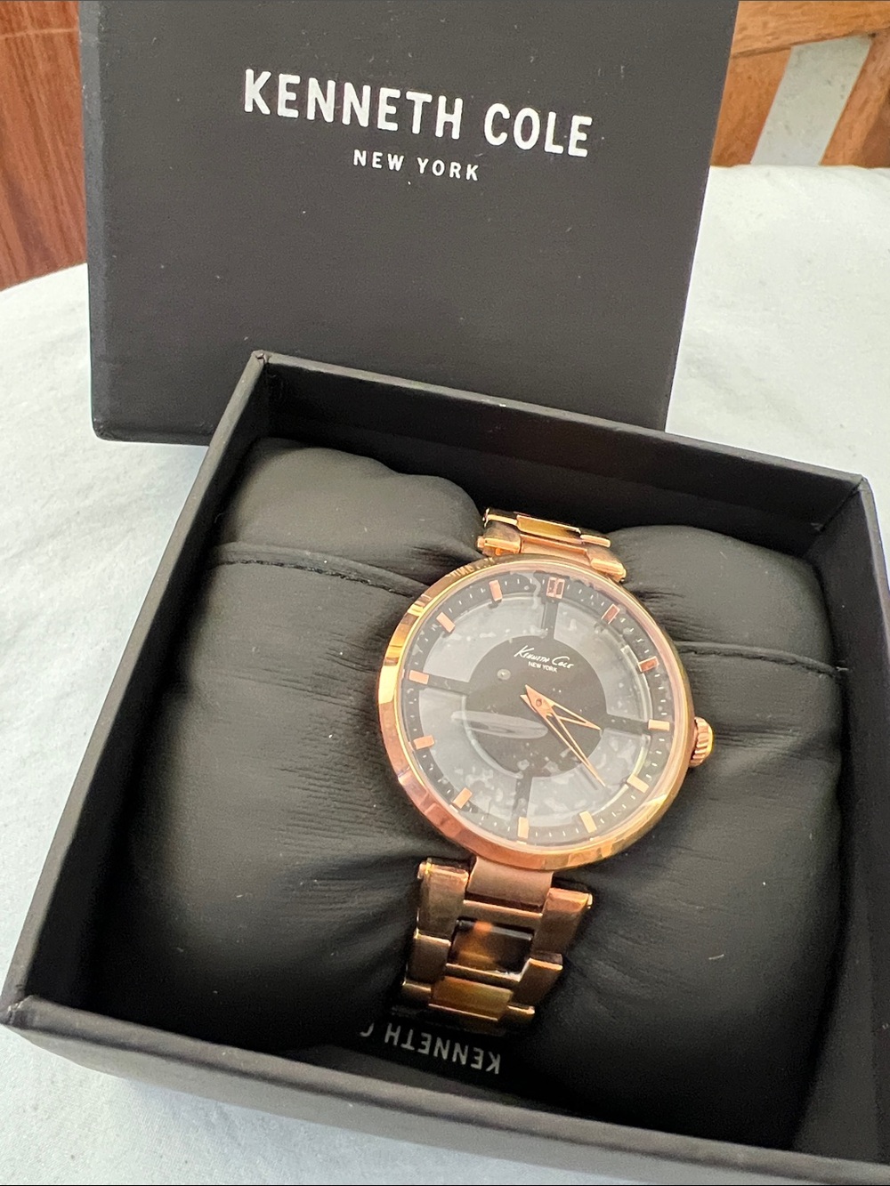 Kenneth Cole Rose Gold Animal Print Link Bracelet Watch with Black Analog Dial